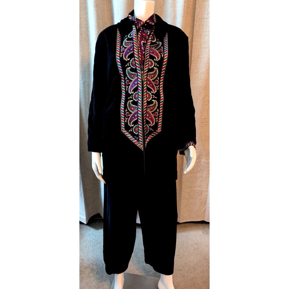 Bob Mackie L Pant Suit 3pc Full Zip Embroidered Jacket Silk Button Shirt & Pants